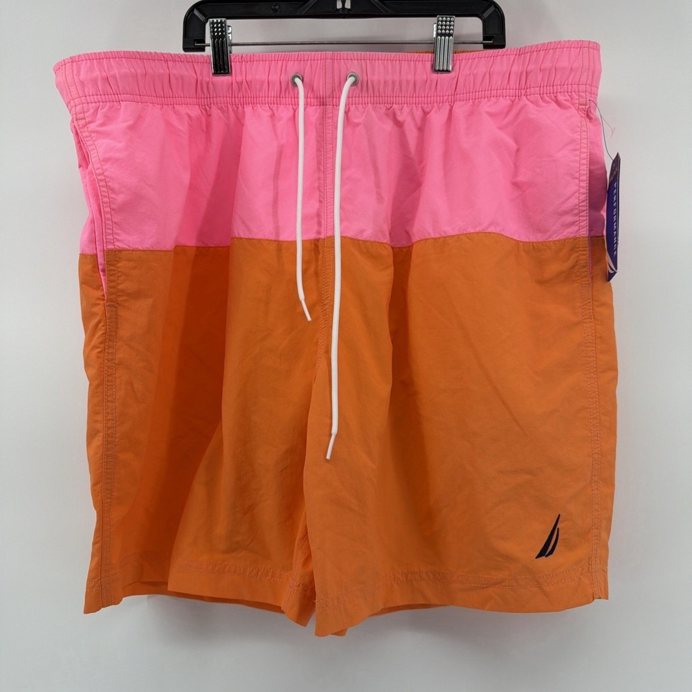Mens Nautica Performance Swim Trunks Elastic Waistband Orange Pink Size 2XL